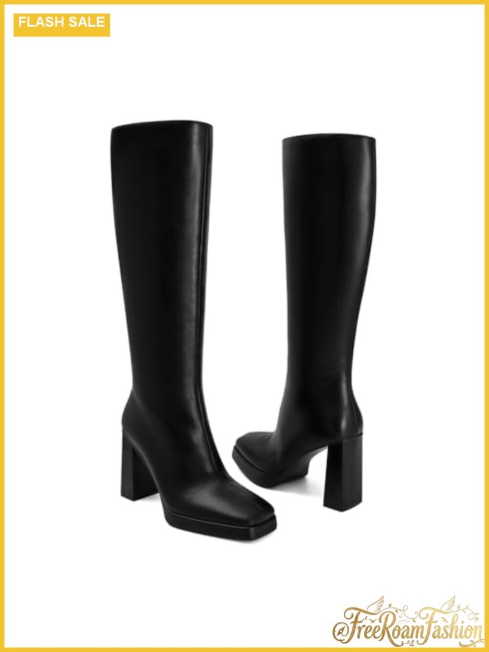 Faux Leather Knee High Platform Boots Square Toe Side Zipper Women's
